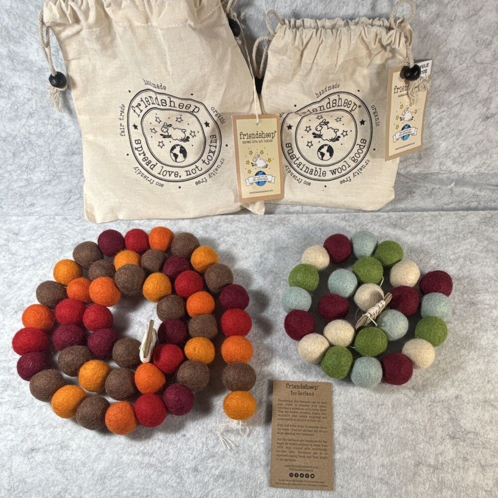 Friendsheep Eco 100% Wool Felt Ball Garland, Multicolor, 2 Garlands